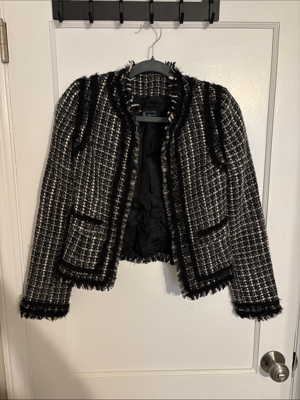 Guess Black and White Tweed Fringe Jacket